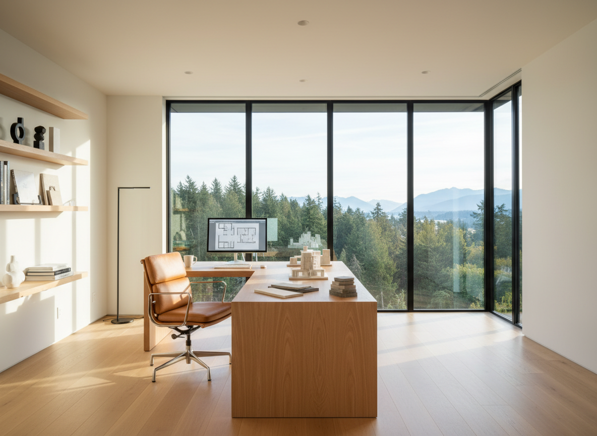 Bright modern interior workspace with floor-to-ceiling windows and a light wood desk
