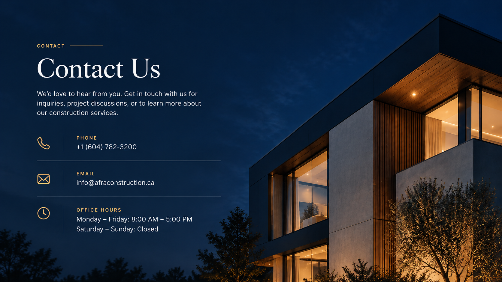 Modern custom home at dusk